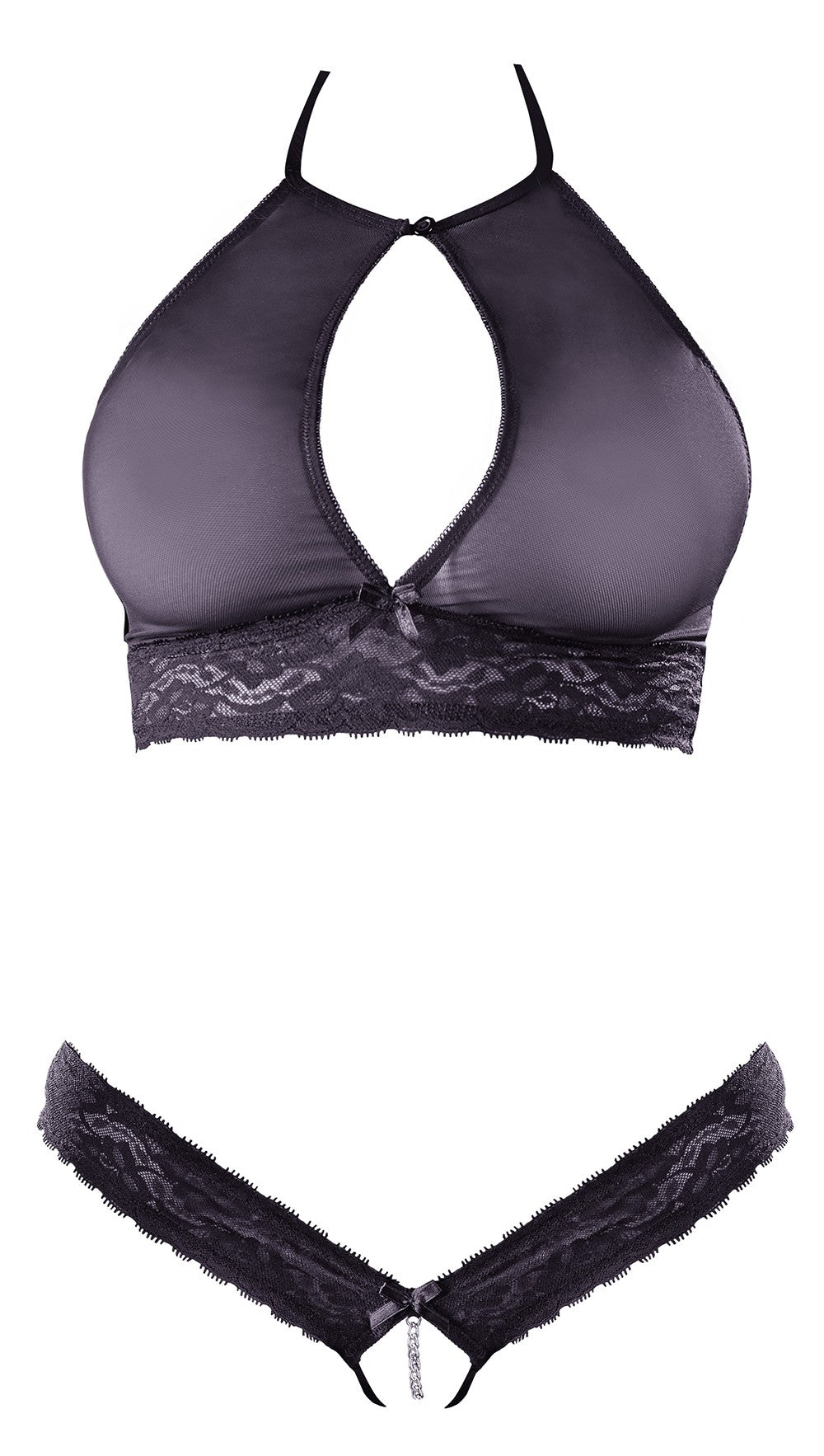 Soutien-gorge bandeau, en dentelle et résille noire et string ouvert - R2213648 - SecretMinuit