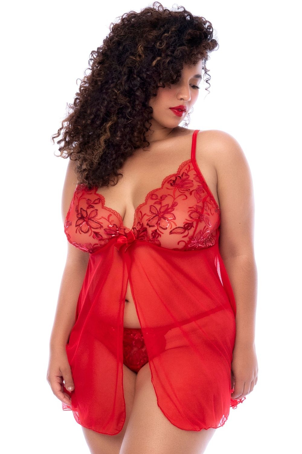 Nuisette ouverte grande taille rouge et string assorti - SecretMinuit