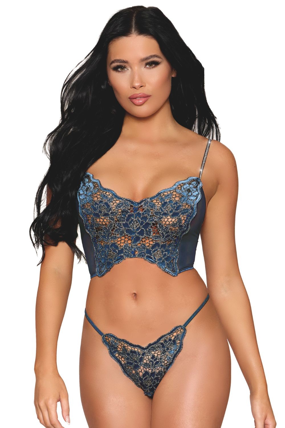 Bustier dentelle florale et résille avec strass et string assorti - SecretMinuit