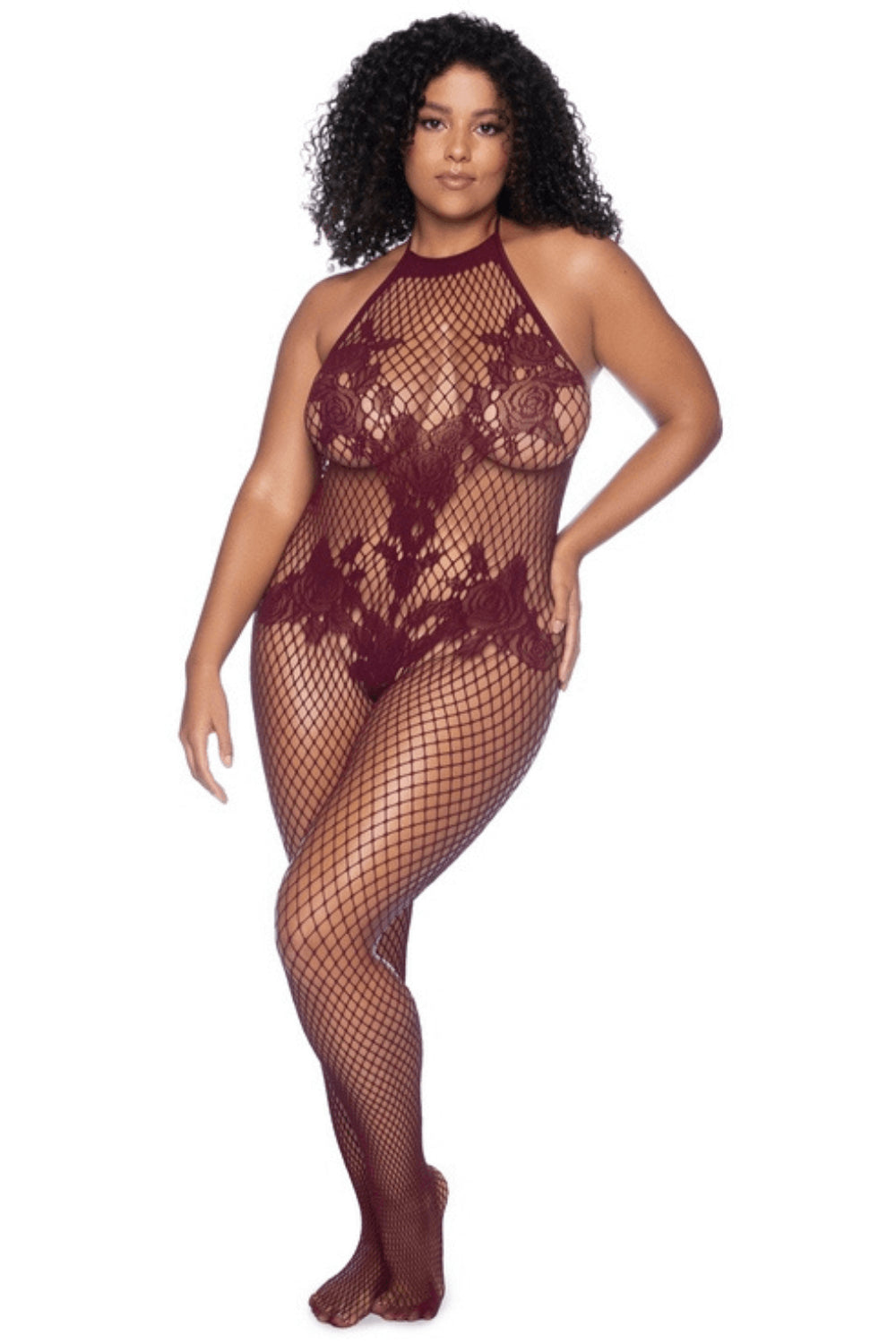 Combinaison grande taille en résille couleur cerise - SecretMinuit