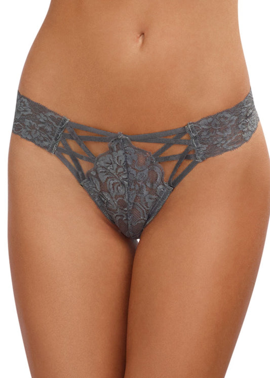 Tanga gris dentelle sexy ajouré sur l'avant - SecretMinuit