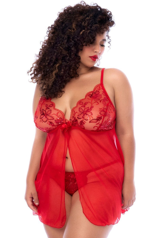 Nuisette ouverte grande taille rouge et string assorti - SecretMinuit