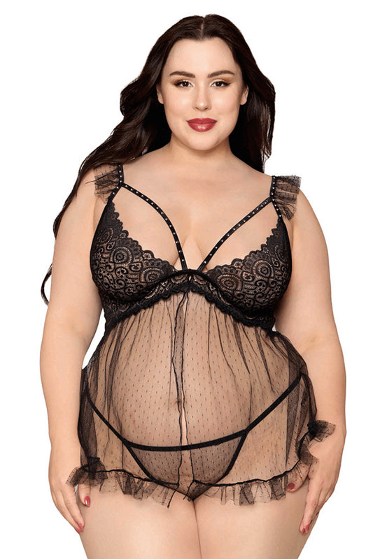 Babydoll grande taille noir et string assorti - DG13694XBLK - SecretMinuit