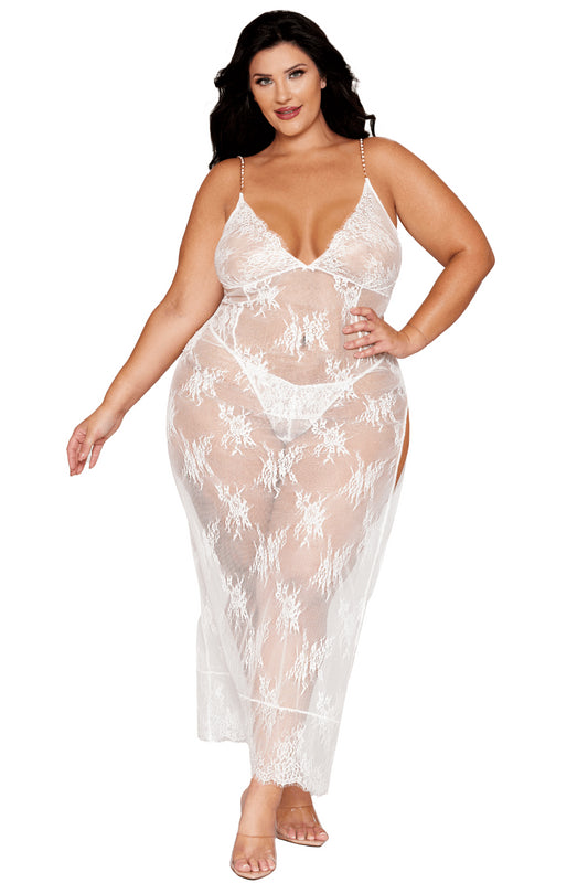 Nuisette longue blanche grande taille en dentelle florale, string assorti - DG13667XWHT - SecretMinuit