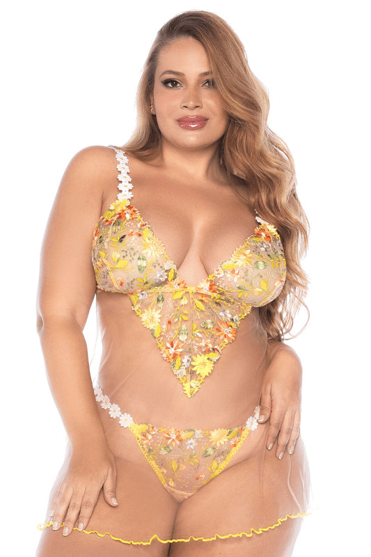 Nuisette grande taille transparente brodée jaune et string - SecretMinuit