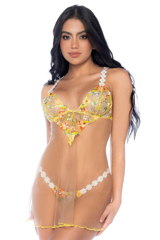 Nuisette transparente brodée jaune et string - SecretMinuit